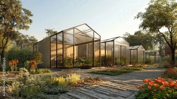 Fototapeta Modern glass greenhouses in a garden setting. Ideal for articles on sustainable living, gardening, or architecture.