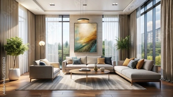 Fototapeta Aerial View of a Minimalist Contemporary Living Room with Floor-to-Ceiling Curtains and Neutral Furniture