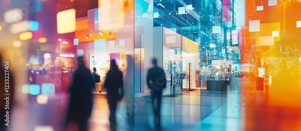 Obraz Exhibition expo event trade fair hall with busy bustling people walking to conferences in a modern hall crowded business people with a bokeh effect. Generative AI