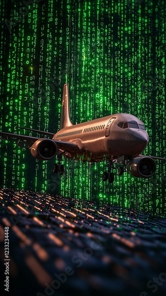 Obraz Airplane in Cyber Environment with Green Binary Code Background