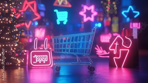 Obraz Explore the Exciting World of Online Shopping with Our Dynamic 3D Illustration Featuring a Miniature Shopping Cart Icon