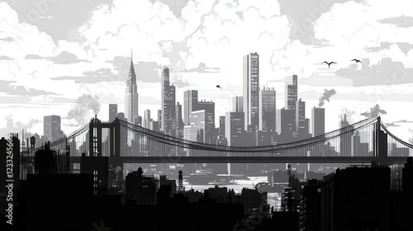 Obraz Black and White City Skyline with Bridge and Clouds at Dusk
