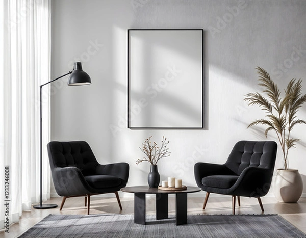 Fototapeta Modern living room mockup with blank frame and curved beige sofa Minimalist design with sculptural furniture and soft lighting 3D render