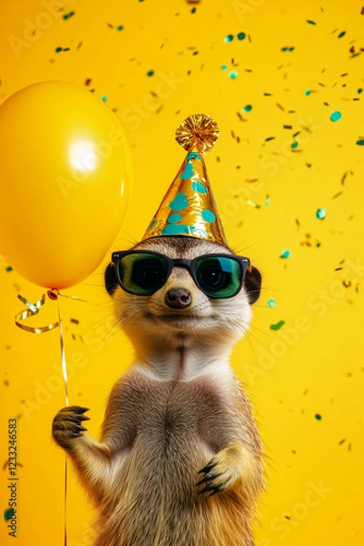 Obraz Cute funny meerkat wearing sunglasses and hat, holding happy birthday balloons against colorful confetti flying around. Vibrant yellow background banner greeting card invitation.