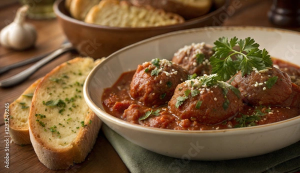 Obraz Meatballs in tomato sauce with garlic bread