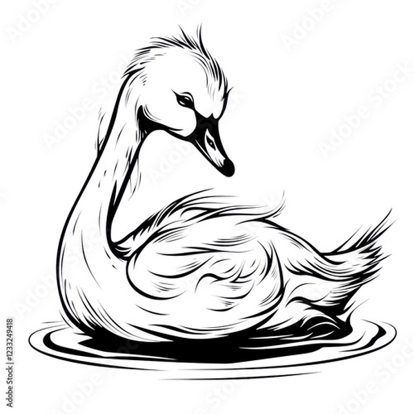 Fototapeta Elegant Line Art of a Swan Swimming in Calm Water Reflection