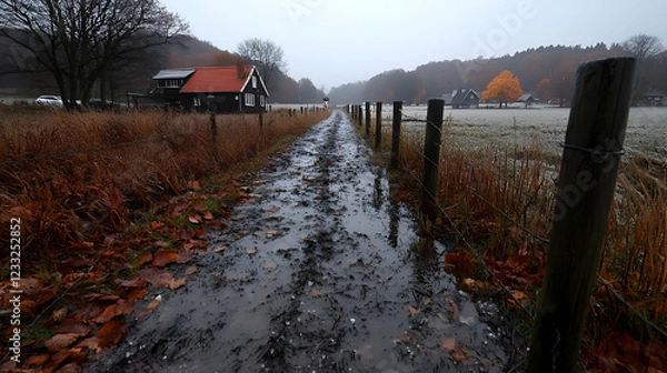 Fototapeta Muddy path autumn landscape, rural house background, nature walk