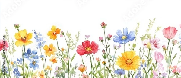 Fototapeta A Watercolor Painting Of A Vibrant Wildflowers Meadow, Bursting With Color And Life. Perfect For Adding A Touch Of Spring To Your Day!