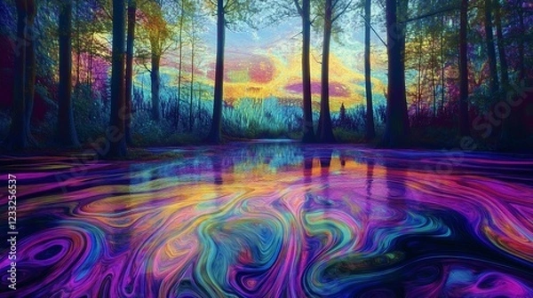Fototapeta Vivid reflections in a psychedelic forest painting capturing a colorful sunset