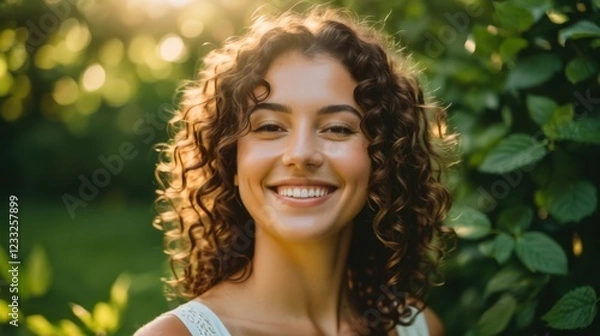 Fototapeta Woman's smile radiates warmth amidst the soft sunlight and lush greenery 