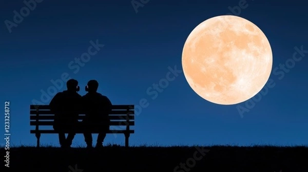 Fototapeta A romantic silhouette of a couple sitting on a bench under a large, glowing full moon against a deep blue night sky.
