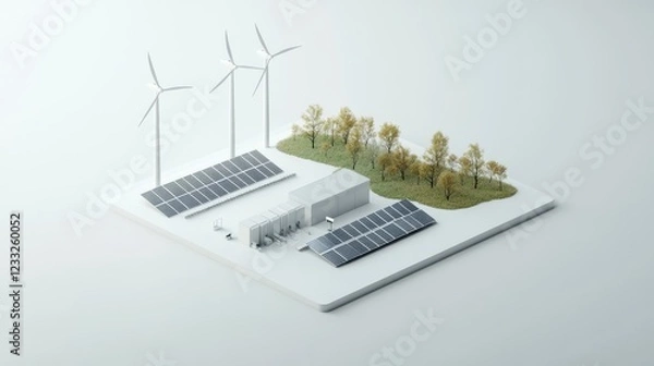 Fototapeta Isometric 3D render of wind turbines solar panels and a battery bank isolated on a white background Depicts alternative renewable power generation and electricity production in the