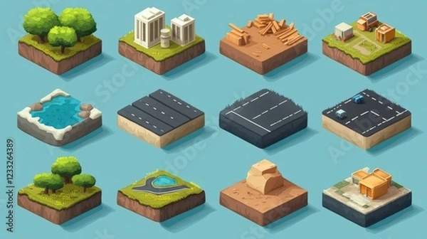 Fototapeta Isometric road construction element Road tiles icon Online game elements or infographics object flat 3D isometric buildings and landmarks collection vector illustration