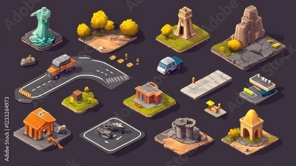 Fototapeta Isometric road construction element Road tiles icon Online game elements or infographics object flat 3D isometric buildings and landmarks collection vector illustration