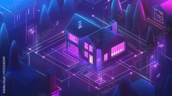 Fototapeta Isometric smart home concept Private house formed by digital codes with IoT technology for cyber safety A digital protection banner for smart home systems