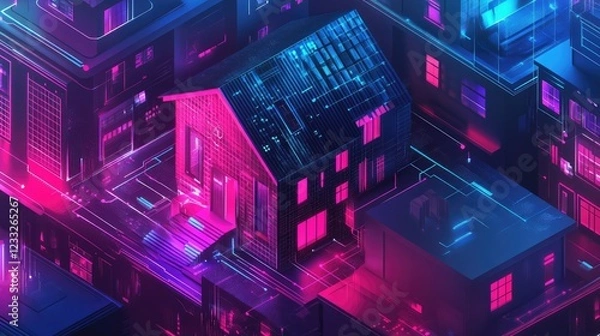 Fototapeta Isometric smart home concept Private house formed by digital codes with IoT technology for cyber safety A digital protection banner for smart home systems