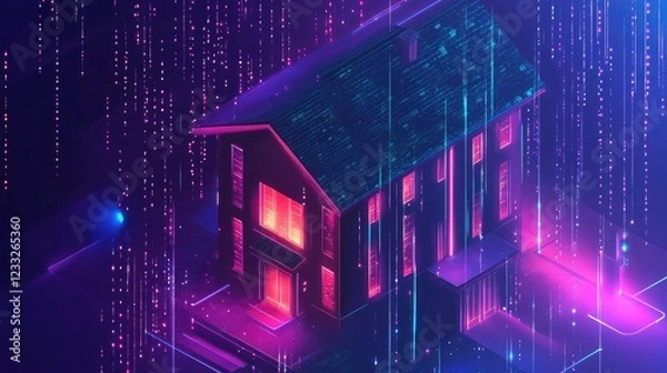 Fototapeta Isometric smart home concept Private house formed by digital codes with IoT technology for cyber safety A digital protection banner for smart home systems