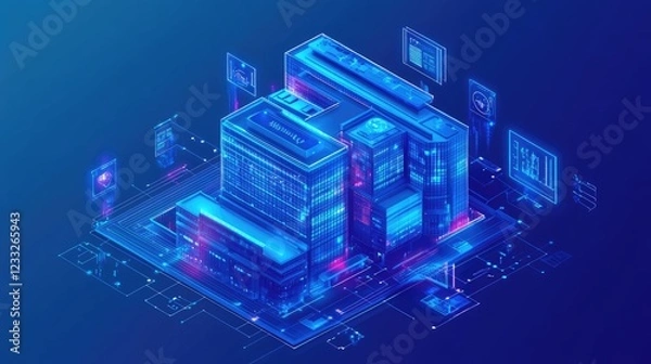 Fototapeta Isometric smart hospital building depicting a technologically advanced healthcare facility