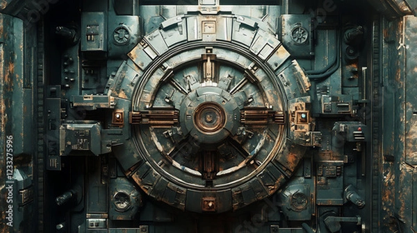Obraz A massive steel vault door with intricate locking mechanisms, symbolizing ultimate security
