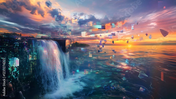 Fototapeta Imaginative Landscape With a Dazzling Waterfall Cascading Into a Vibrant Ocean During Sunset. Generative AI