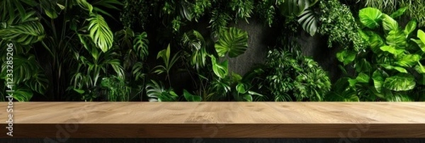 Obraz A minimalist workspace setup on a wide wooden table with greenery in the background