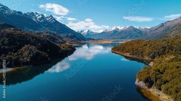 Obraz A scenic drone view of a crystal-clear lake surrounded by mountains
