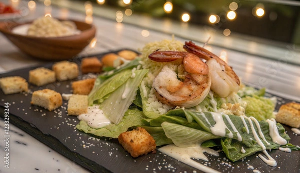 Obraz Caesar salad with grilled shrimp and croutons