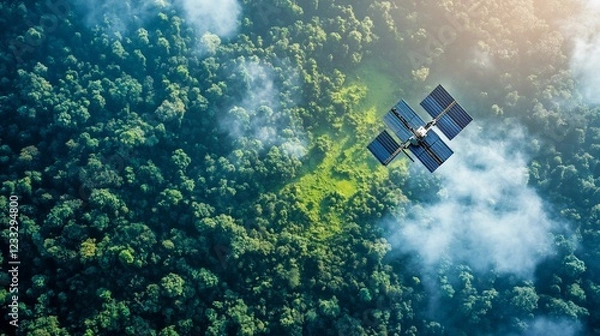 Fototapeta Satellite over lush forest with clouds, monitoring the environment from above view