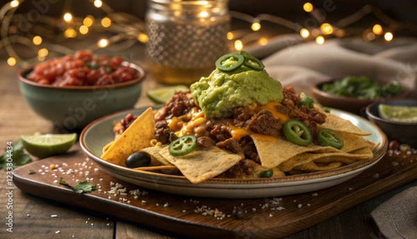 Obraz Loaded nachos with cheese, guacamole, and jalapeños