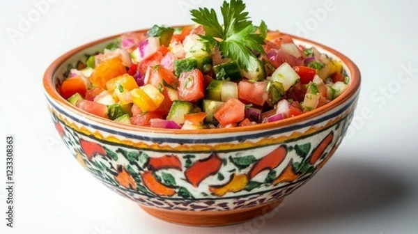 Fototapeta Refreshing tomato and cucumber salad in a hand-painted bowl.