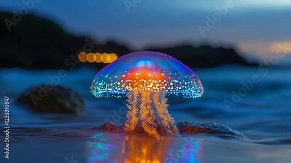 Fototapeta Bio-luminescent jellyfish glowing on the beach at night.