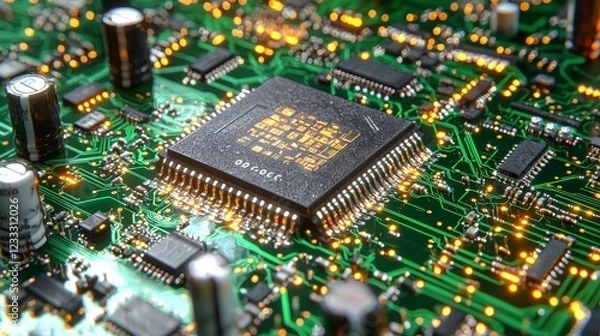 Fototapeta Close-up View of Modern Microprocessor on Green Circuit Board
