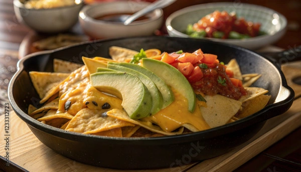 Obraz Nachos with melted cheese, avocado, and salsa in skillet