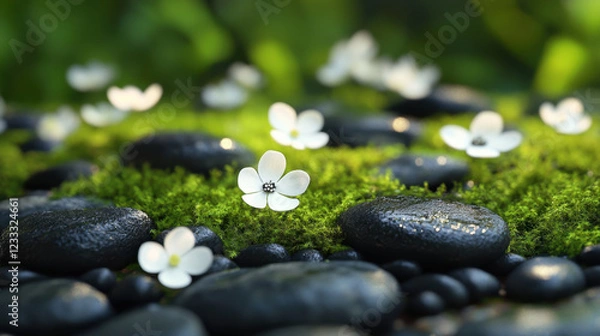 Fototapeta Small white flowers on green moss with smooth black stones create serene and tranquil scene, perfect for nature lovers and those seeking calmness in their environment