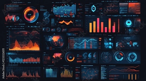 Fototapeta Global data analysis screen displays financial market trends, futuristic interface background, for business presentations