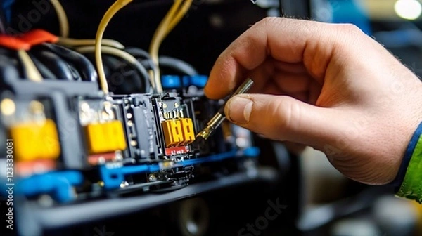 Fototapeta Technician Working on Electrical Circuit Board with Precision Tool