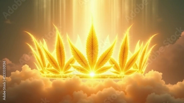 Obraz Golden cannabis leaf crown floating in divine light, surrounded by glowing angelic figures, emitting celestial energy, symbolizing enlightenment, spiritual wisdom, and sacred royalty.