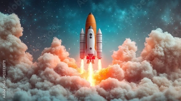 Fototapeta Fiery Rocket Ascending Through Clouds