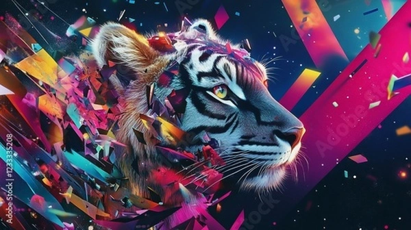 Fototapeta Abstract tiger with shattered colorful glass effect against dark background and vibrant colors