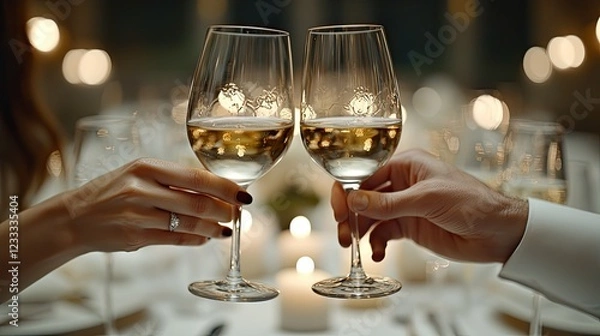 Obraz A romantic couple toasting with white wine glasses