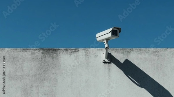 Obraz Security camera mounted on a concrete wall against a clear blue sky, enhancing safety surveillance