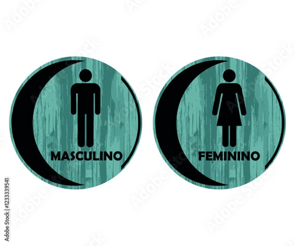 Fototapeta Placas Banheiro Redondas Com Meia Lua. Masculino e Feminino. Textura de Madeira Verde.