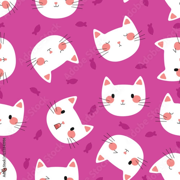 Fototapeta  Cats seamless pattern vector design. Cute white cat head with funny expressions and small fishes isolated in bright purple background. Seamless pattern template for wrapping paper, fabric or wallpape