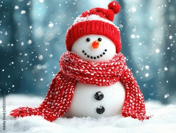 Fototapeta A cheerful snowman wearing a red hat and scarf, surrounded by falling snow in a winter scene.