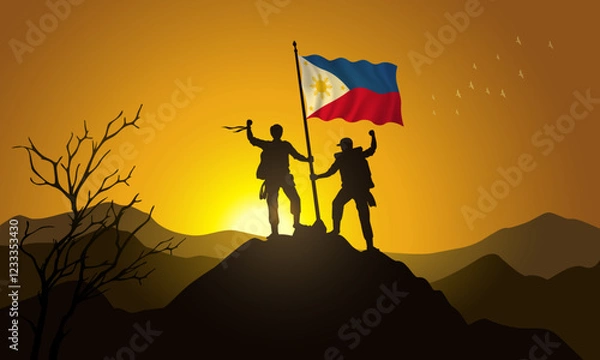 Obraz Philippines flag, silhouette of two climbers holding a flag at sunset over the mountain
