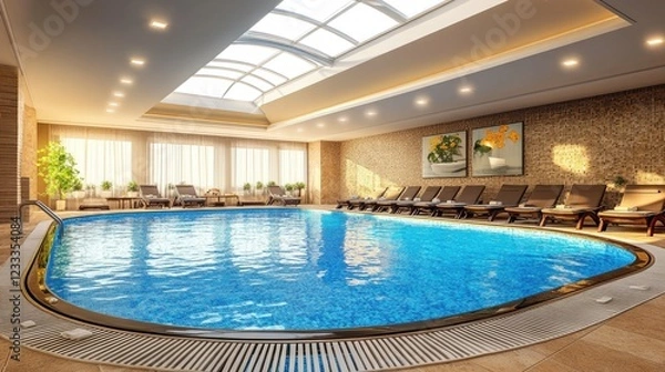 Fototapeta A luxury indoor pool area with skylights allowing sunlight to reflect on water.