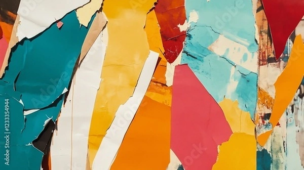 Fototapeta Colorful torn posters on a wall with abstract texture and multiple layers of paper