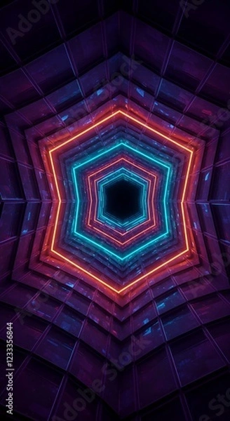 Fototapeta Glowing Neon Pentagonal Tunnel – Sci-Fi Vortex Abstract Background