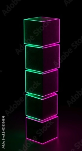 Fototapeta Glowing Neon Cubes in Vertical Stack – Futuristic 3D Abstract Wallpaper