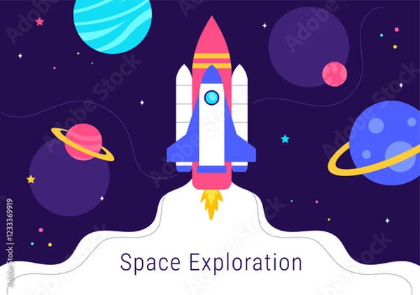 Fototapeta Space Exploration Vector Illustration featuring an Astronaut Floating in Outer Space Among Planets and a Rocket Embarking on a Galaxy Adventure